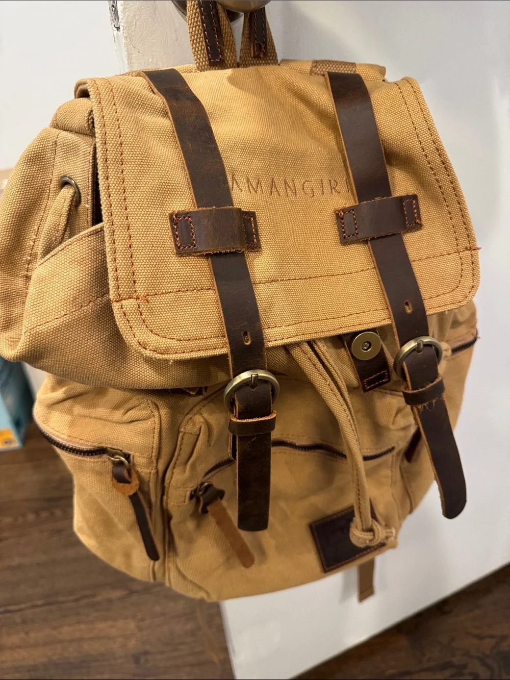 Canvas Drawstring Backpack with Brown Leather Straps - AMANGIR